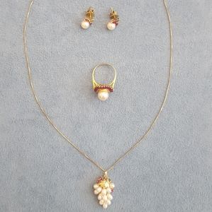 14k gold pearl ruby ring necklace earrings